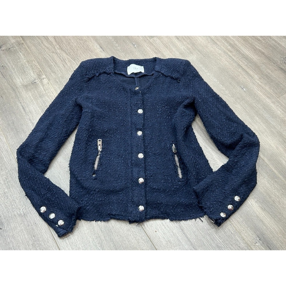 IRO Aggy Jacket Womens 38 Navy Blue Textured Zip Pocket Button Front Tweed Style - Picture 3 of 13